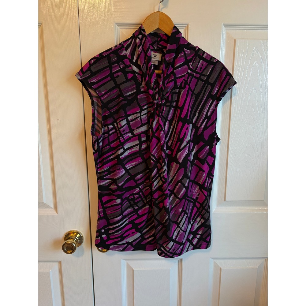 Worthington Stretch Purple Geometric Abstract Knot Neck Sleeveless Blouse Large